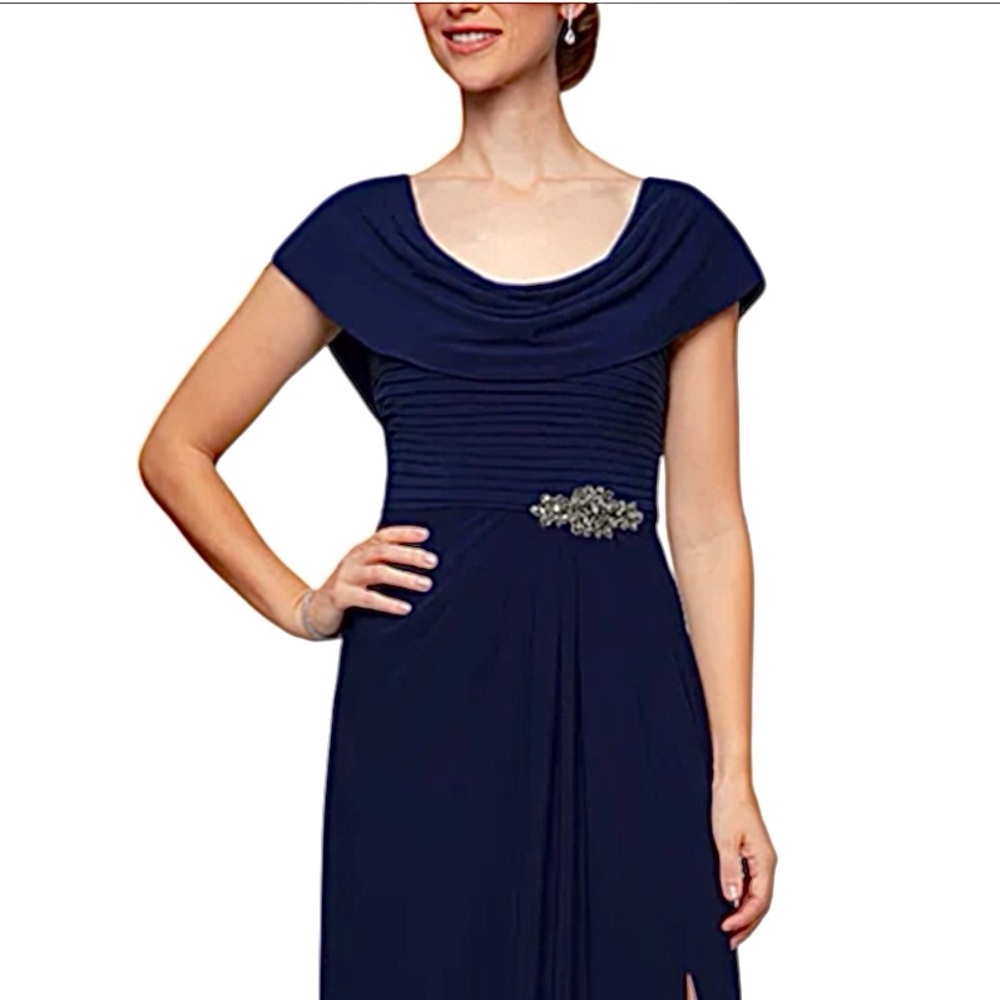 Alex Evenings Celeste Cowl Neck Gown Jersey Knit Embellished Blue Size 14 Petite - Picture 5 of 8